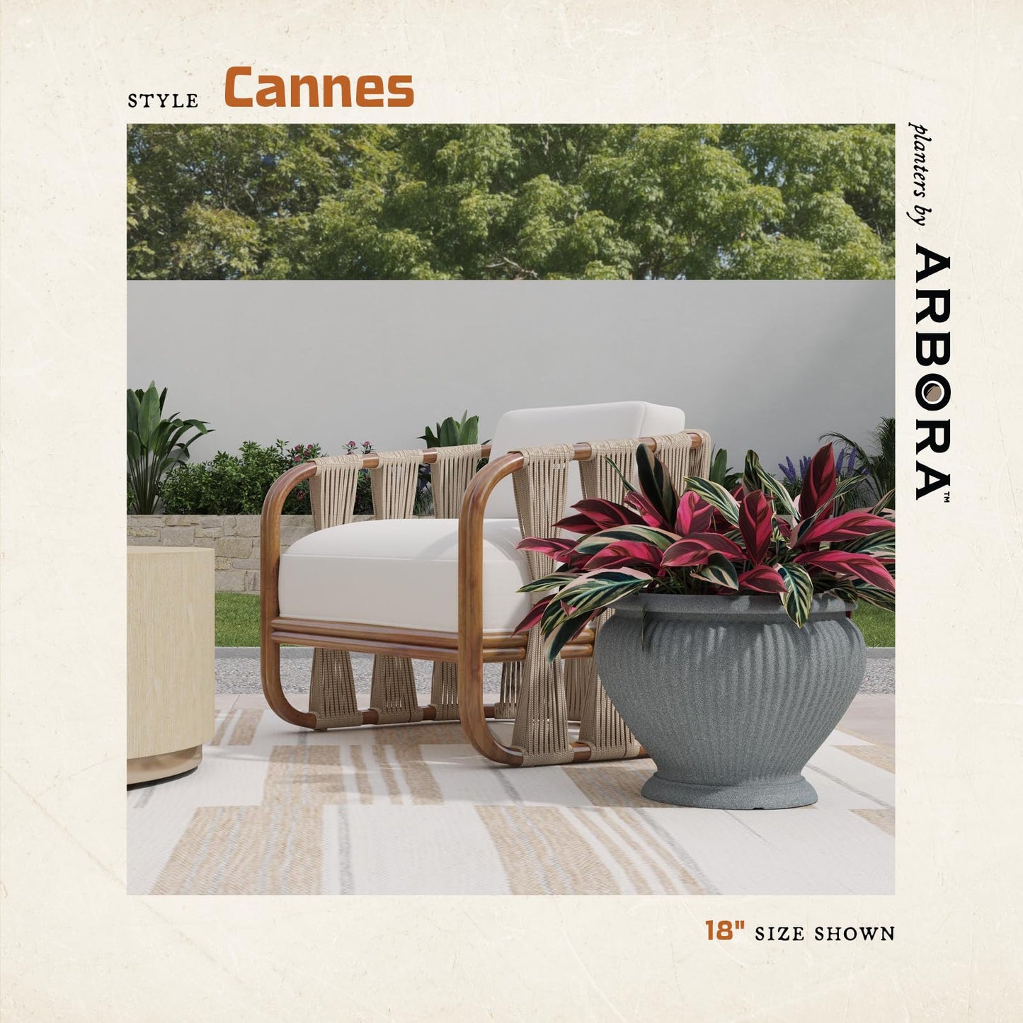 ARBORA 18" Cannes Urn Polyresin Indoor and Outdoor Planter with Stone Blend Concrete Gray Finish - Durable, Weatherproof, Lightweight, Large Plant Pot for Patio, Garden, Deck, Entryway