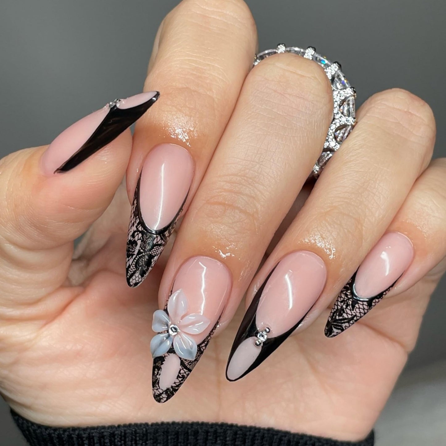 Long Press on Nails Almond Fake Nails Black Acrylic Nail Press Ons Seeneey Flowers Designs French Stick on Nail for Women 24pcs