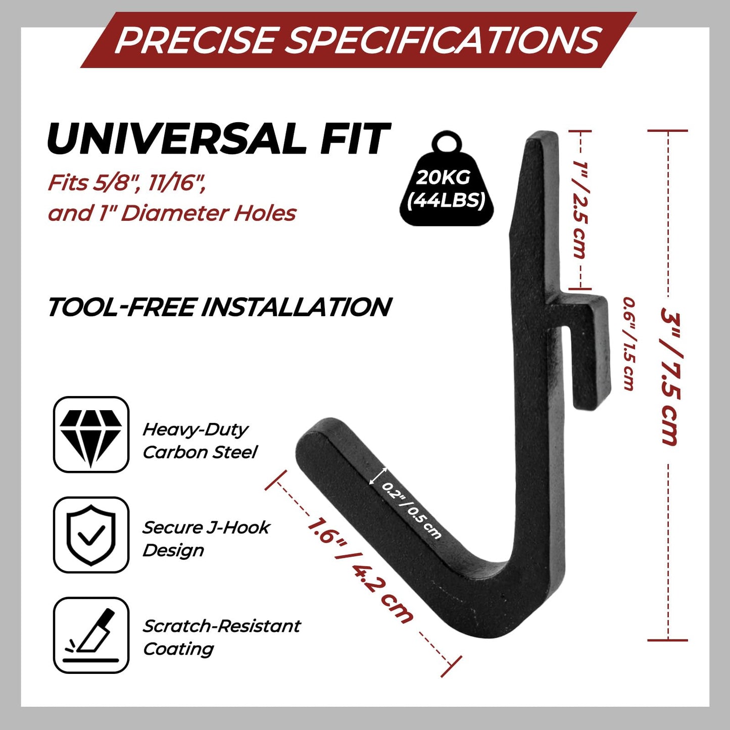 Lights Mountain Power Rack Hooks 10 Pack, J Hooks for Squat Rack, Heavy Duty Gym Storage Hooks for Resistance Bands, Belts, Chains & Cable Attachments & Accessories, Fits 5/8" & 1"" Holes"