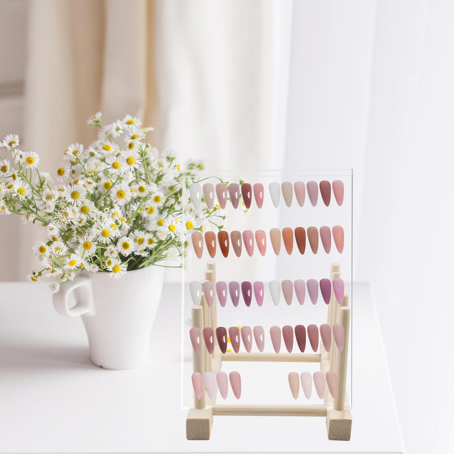 QoTang 4 PCS Transparent Nail Art Display Board with Wooden Display Holder, Acrylic Display Polish Board with Double Sided Tape False Nail Tips Sample Display Holder Nail Color Nail Practice Board