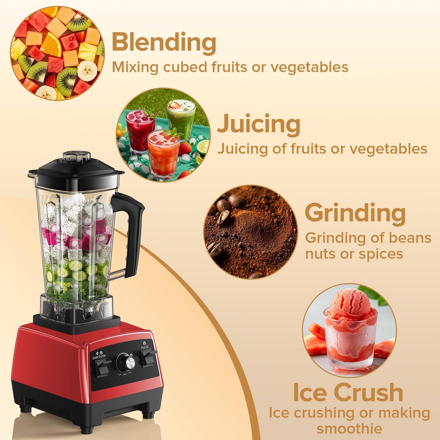Blenders for Kitchen, Large Capacity, Professional Blender for Smoothies, BPA-Free, for Ice Crush, Frozen Drinks with 68Oz. Pitcher and 20Oz. To-go Cup, Red