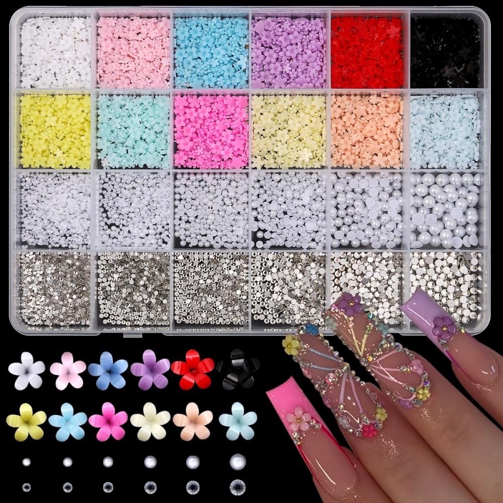 Flower Nail Charms 3D Resin Red Black Floral Nail Gems Cute Pearl Nail Jewels Shiny Tiny Rhinestones Nail Art Supplies for Women DIY Acrylic Nail with Tweezers 12 Grids 1 Box 12 Styles