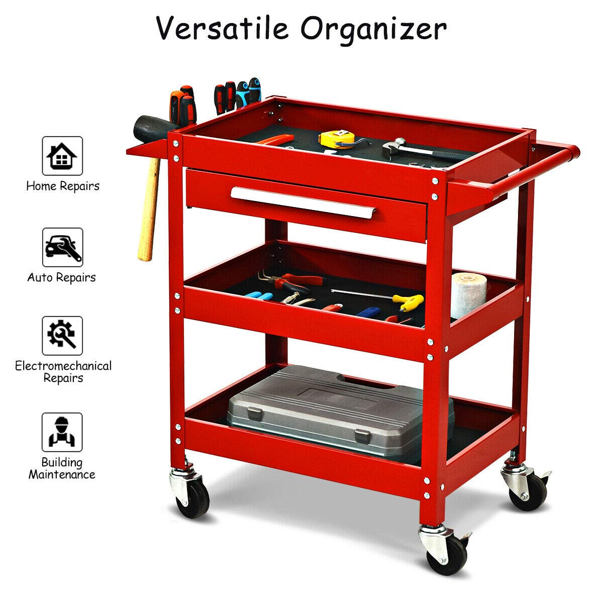 Goplus 3 Tier Rolling Tool Cart, 330 LBS Capacity Heavy Duty Utility Cart Tool Organizer with Storage Drawer, Industrial Commercial Service Tool Cart for Mechanics, Garage, Warehouse & Repair Shop