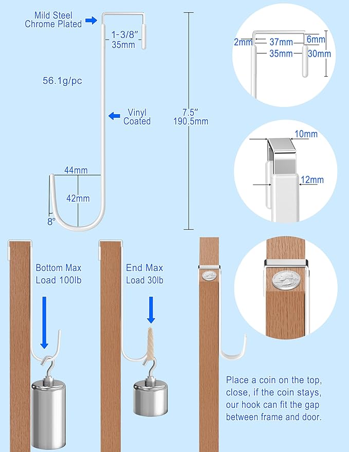 Mars-Rock Over The Door Metal Hooks with Plastic Coating 7.5" Fit 0.5" to 1 3/8" Door 4 Pcs Heavy Duty Single Towel Robe Rack Wreath Bathroom Shower Hanger Shoe Organizer Ironing Board Long White