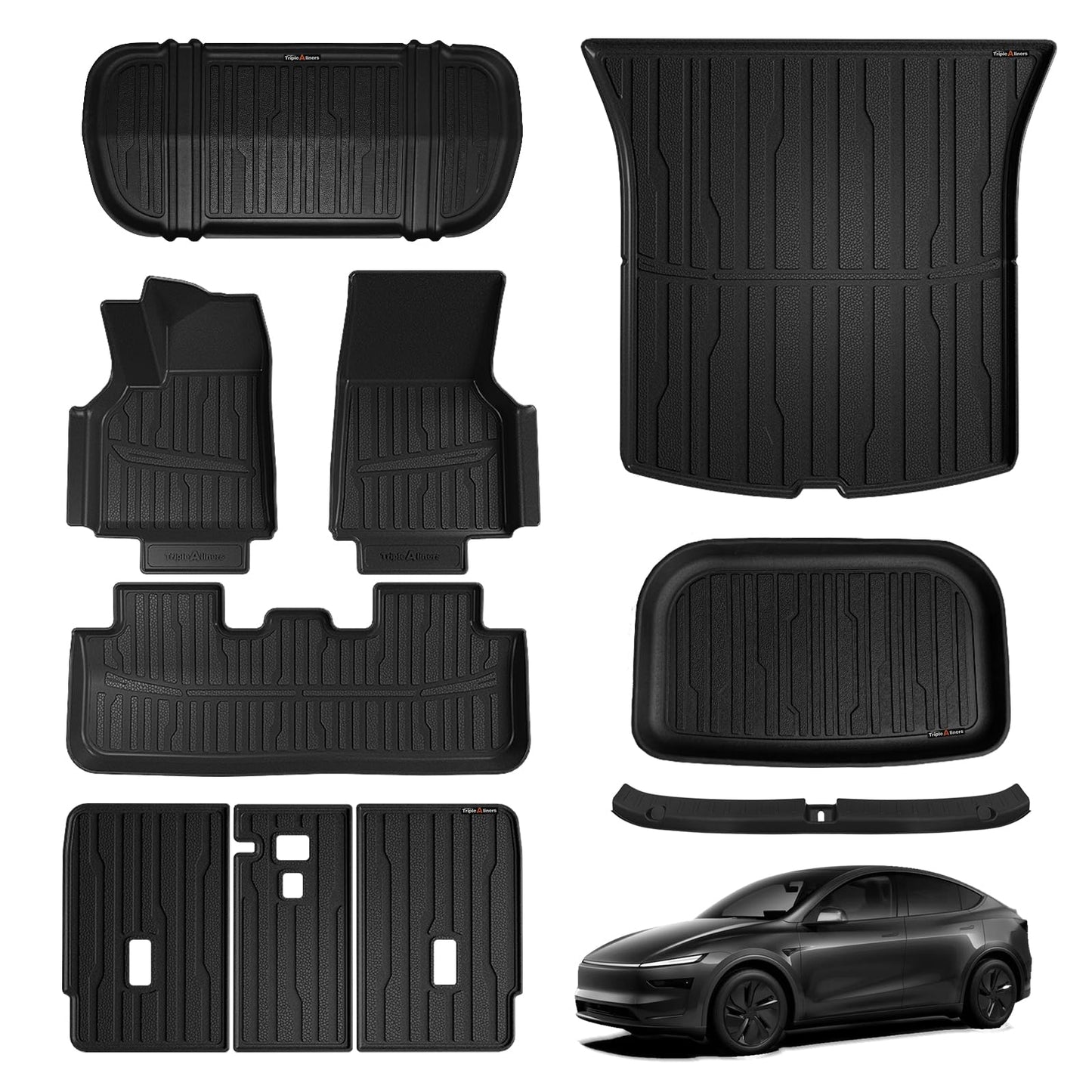 TripleAliners 10PCS Floor Mats Fit for 2026+Tesla Model Y Juniper Set Full Protection All Weather TPE Anti-Slip Custom Fit Floor& Frunk& Trunk& Rear Lower& Backrest Mat& Bumper Guard(Not Fit Standard)