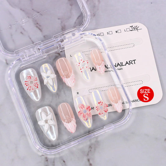 Handmade Press on Nails Luxury 3D Flower False Nails Designs Thickened Salon Quality Acrylic Nails Full Cover French Tip Fake Nails Medium Almond Stick on Nail for Women DIY Manicuare（Size S)