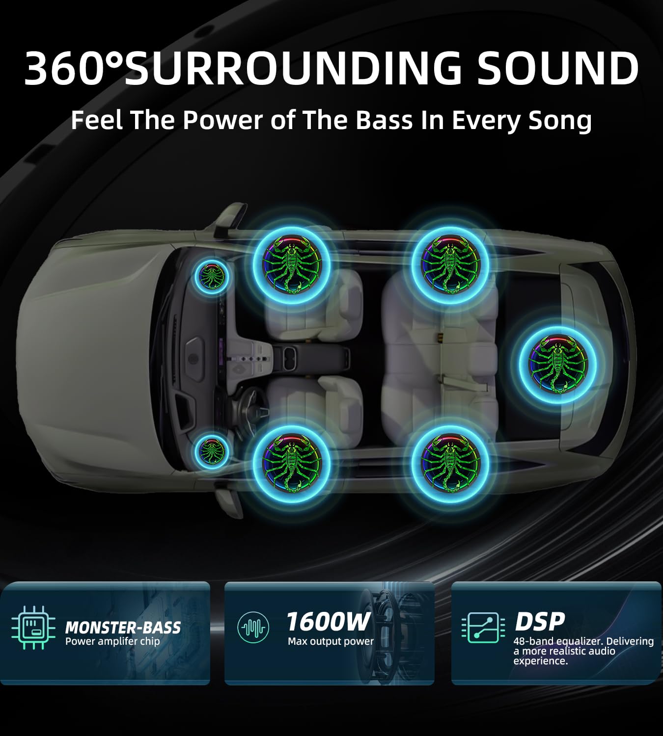 SUBPULSIX 1600W Slim Underseat Car Subwoofer and Amp Package, Powered Under Seat Subwoofer with Built-in Class D Amplifier, Subsonic Deep Bass, DSP Noise Reduction, RGB Beat Light, for Truck SUV Car