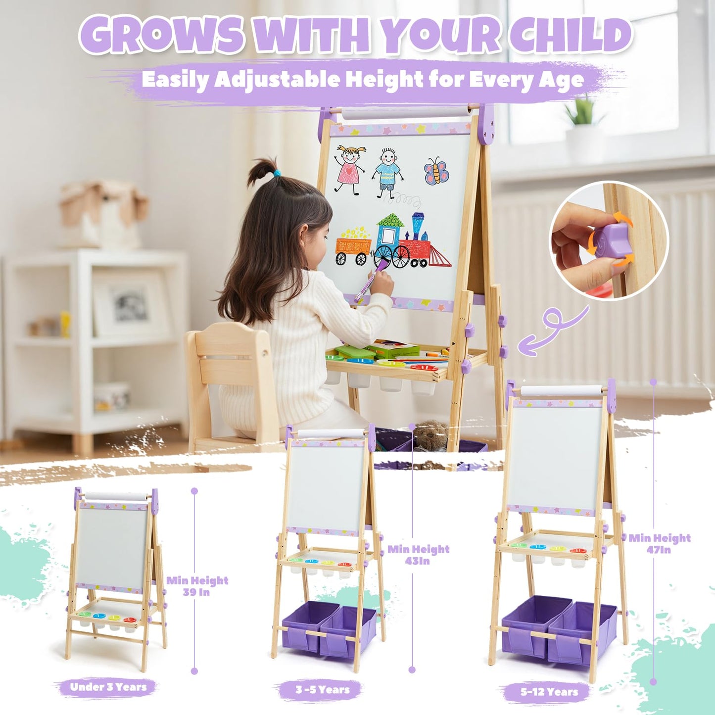 3-in-1 Kids Art Easel Set, Height Adjustable Magnetic Whiteboard & Chalkboard with Painting Paper Roll, Wooden Dual-Sided Art Station for Toddlers & Children Ages 3-8 (Art Supplies Included)