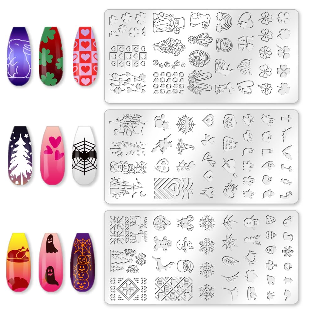 beinkmake 3Pcs Holiday Nail Stamping Plate Set Seasonal Halloween Christmas Nail Stamp Templates Valentine St. Patrick's Day Metal Reusable Tools with Stamper Scraper for Manicure Printing