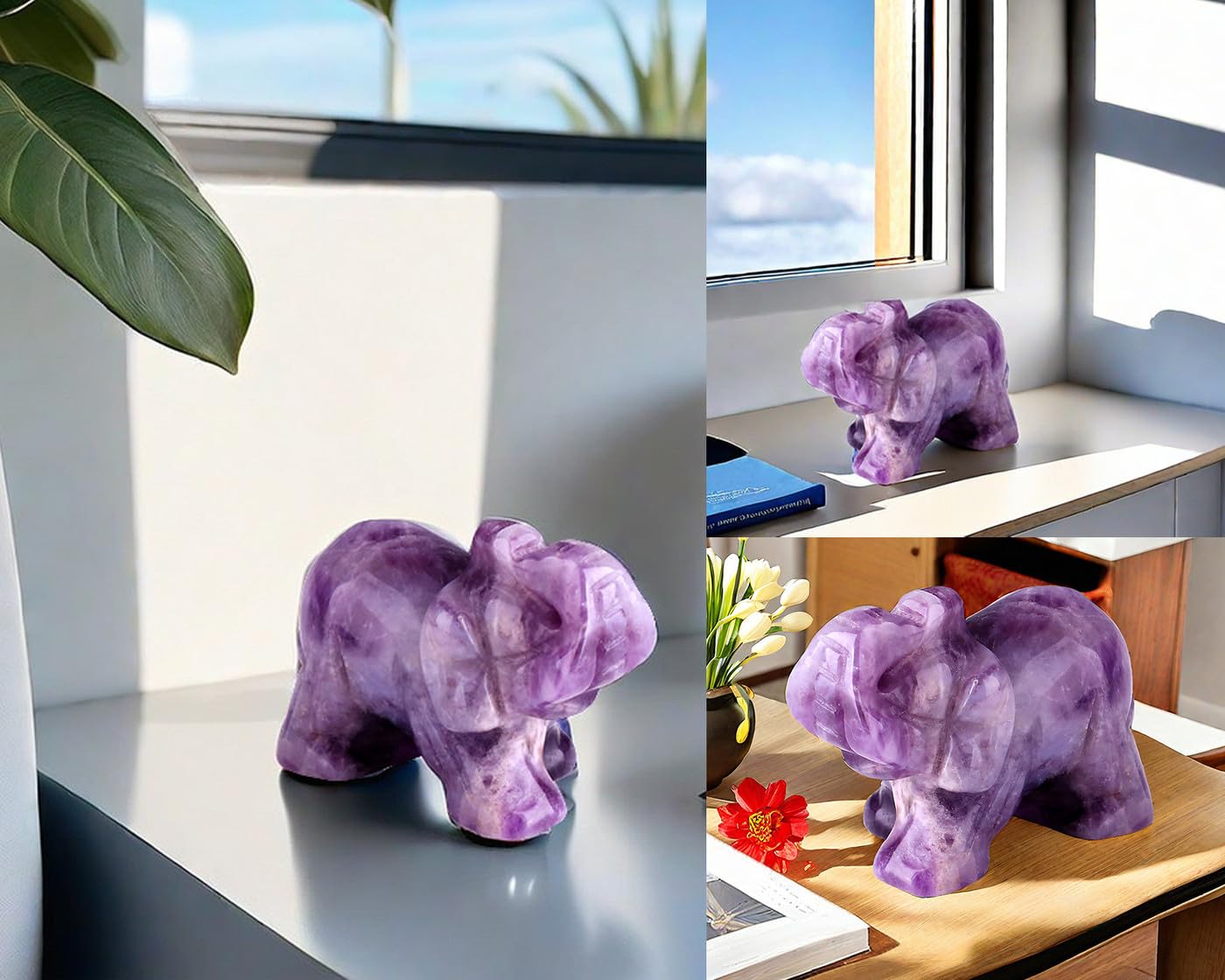 QINJIEJIE Amethyst Elephant Decor Statue Crystals Healing Stones Crystal Pocket Figurines Cute Stocking Stuffers Sculpture Gemstones Spiritual Home Office Desk Purple Decor Elephant Gifts for Women