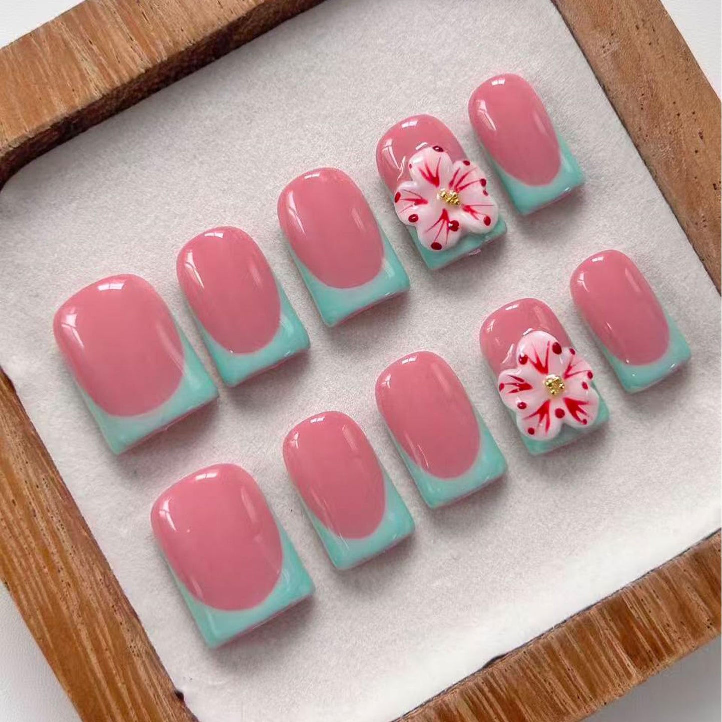 Short Square Handmade Press on Nails 3D Flower Green French Tip Reusable Thick Shiny Gel Nails Full Cover Stick on Nail for Women Party & Daily Wear 10Pcs (Size M)