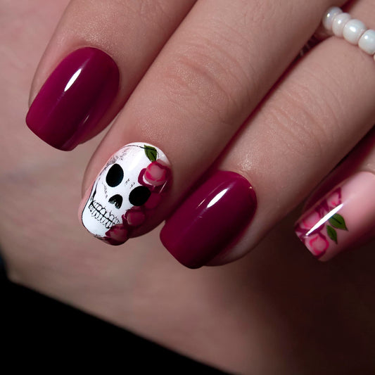 Curvlife Press on Nails Acrylic Fake Nails with Short Square Red skull Design Full Cover False Nails Reusable Nail Kit with Nail Glue Adhesive Tabs Glue on Nails