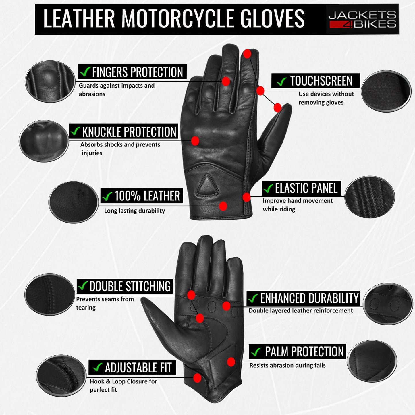 Jackets 4 Bikes Motorcycle Gloves - Premium Leather for Men, Touchscreen, Non-Slip, Motorbike Cruiser Street Biker Protector BlackRed XXL