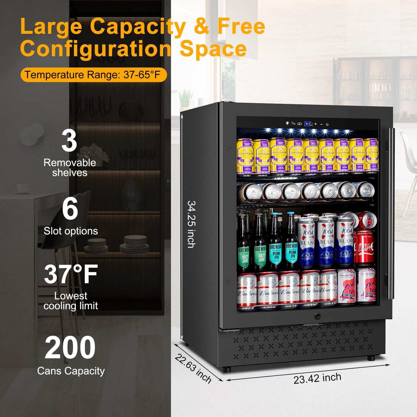 FoMup Beverage Refrigerator 24 Inch 200 Can Drink Fridge with Glass Door, Under Counter/Freestanding Beverage Cooler with Temperature Control, Reversible Door, Quick Cooling for Beer Soda Wine, Black