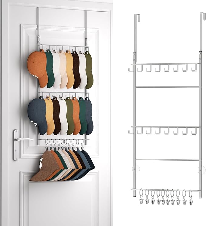 HapiRm Over Door Hat Rack - 3 Tier Wall Mounted Hat Organizer with 16 Hooks and 10 Movable Clips, Cap Hanger Storage up to 26 Caps for Door, Bedroom, Closet USPTO Patent Pendingï¼Silverï¼