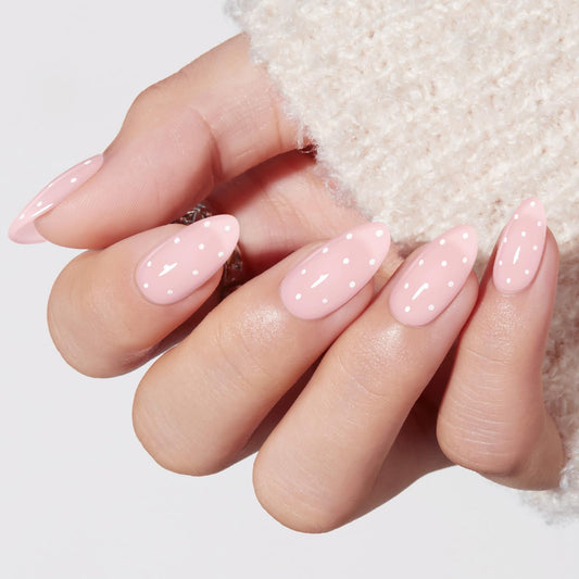 Modelones Pink Press on Nails Almond, Polka Dot Short Fake Nails, Reusable Nail Kit with Nail Glue Adhesive Tabs Mini Nail File, Nails Press Ons 32Pcs 16size, Women Girl Gift ﻿
