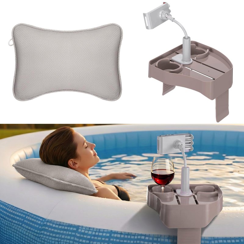 Lewtemi 2 Pcs Hot Tub Table Tray with Adjustable Phone Holder and 2 Cup Holders Bath Pillow Spa Headrest Pillow with Suction Cup Hot Tub Accessories for Outdoor Inflatable Pool
