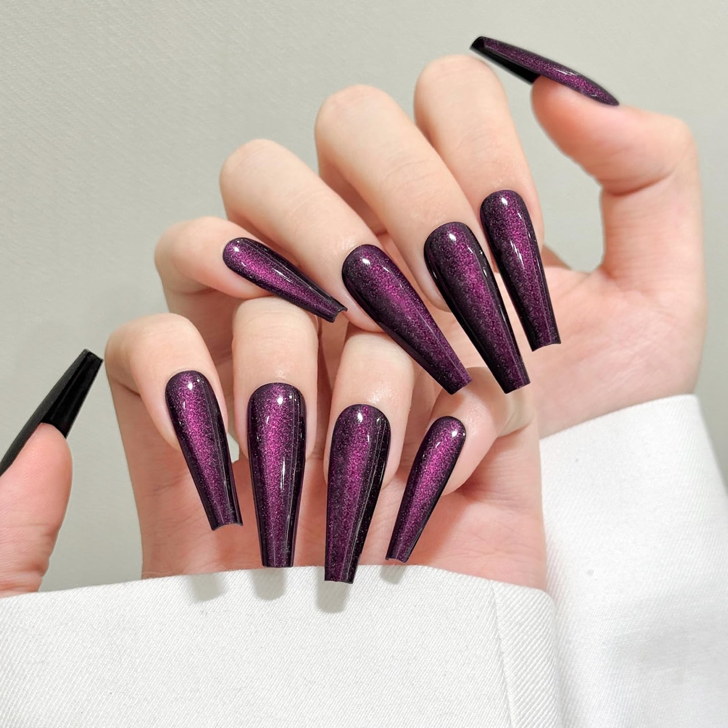Dark Purple Cat Eyes Press On Nails,12 Sizes - 24 Pcs Soft Gel Purple Long Coffin Fake Nails Kit with Nail Glue, Natural Reusable Stick On False Nails for Women and Girls SK1045