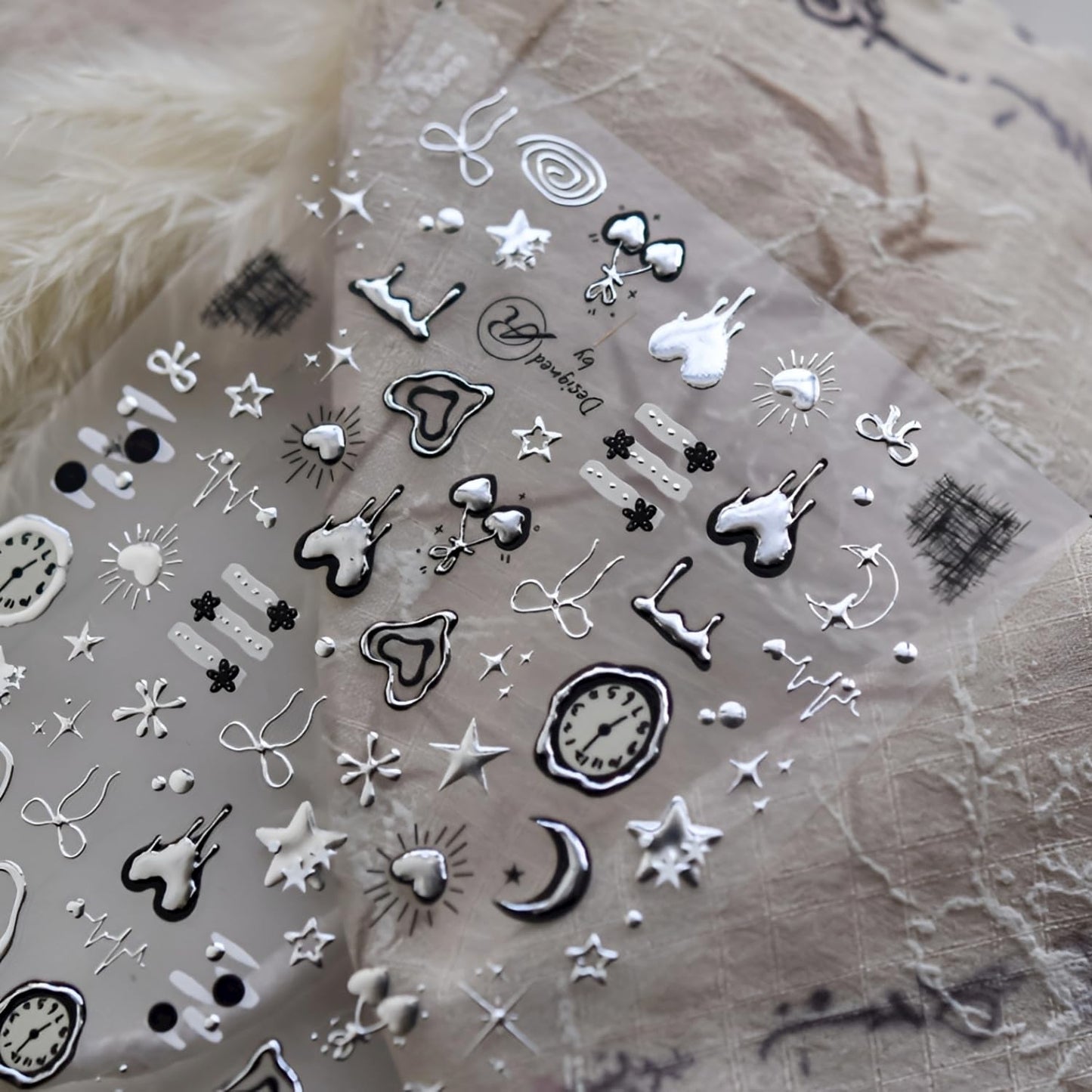 Silver Heart Nail Art Stickers 5D Embossed Clock Bow Nail Decals Valentine Day Nail Stickers for Nail Art Moon Star Nails Design Supplies for Women Girls
