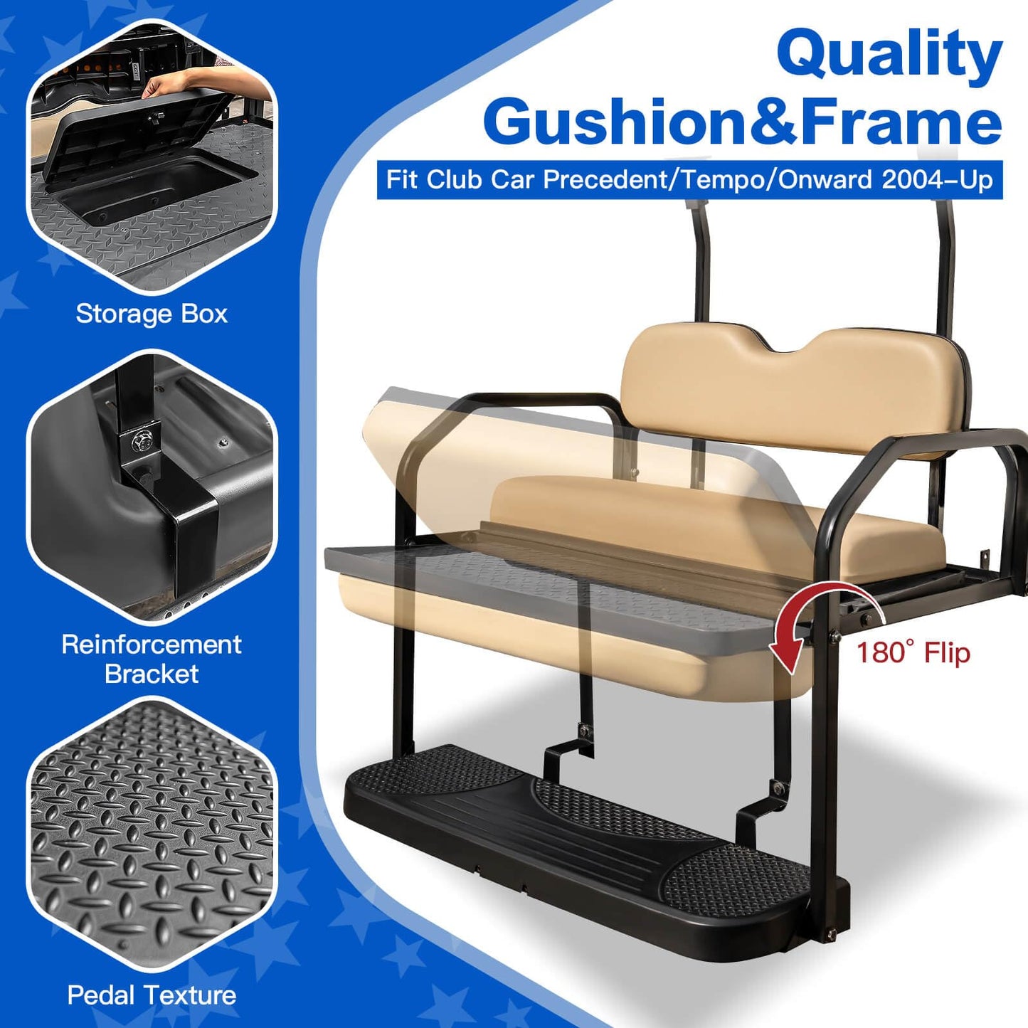 NOKINS Golf Cart Rear Seat Kit, Back Flip Seat for Club Car Precedent/Tempo/Onward 2004-Up, 1.25-Inch Square Steel Frame, Integrated Seat Belt Mounts, UV-Resistant, High-Density Foam Padding(Buff)