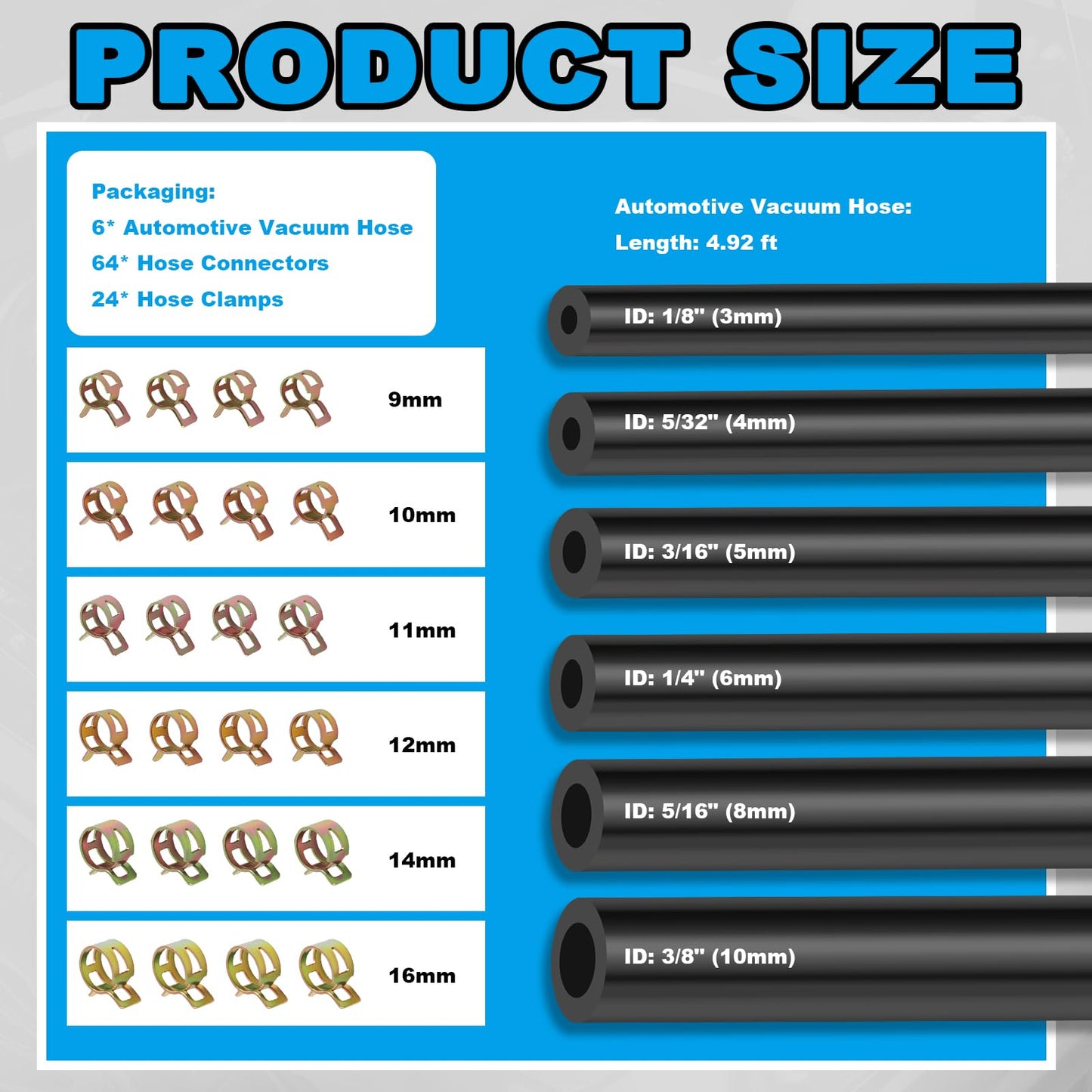 6PCS 5Ft Silicone Vacuum Hose Automotive Kit,ID 3/8",5/16",1/4",3/16",5/32",1/8" Vacuum Lines Automotive with Tee/Straight/Reducer Connector & Clamps,Professional Vacuums Line Kit (94PCS)