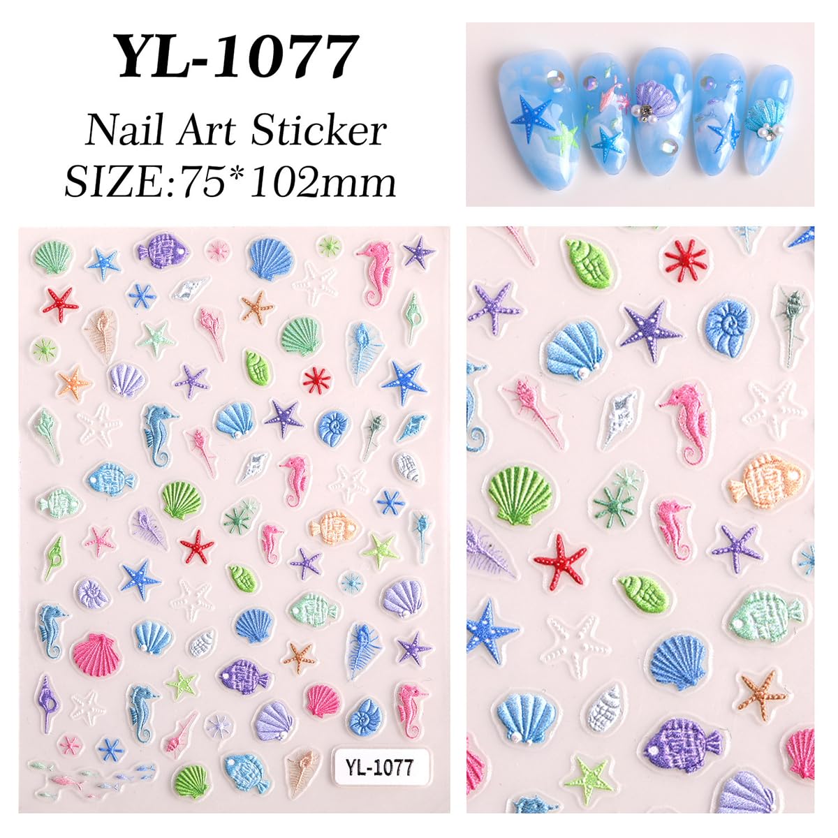 5D Embossed Summer Nail Stickers Jellyfish Seashell Starfish Conches Ocean Nail Decals Engraved Nails Supplies Tropical Beach Self-Adhesive Nail Art Sticker for Women Girls Fingernail Decorations