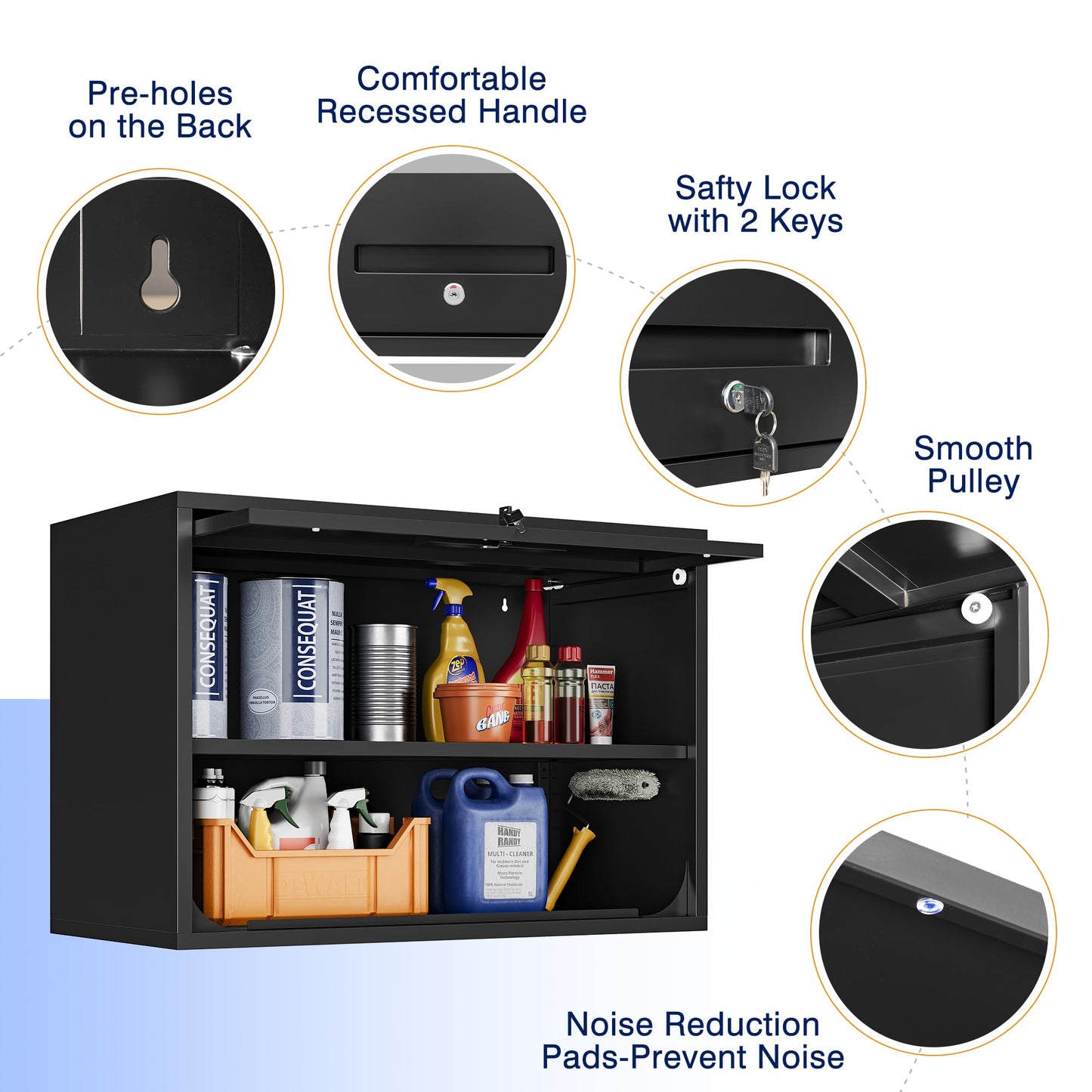 Yizosh Metal Garage Wall Cabinet with Doors and Shelves, Wall Mounted Metal Storage Cabinet, Floating Garage Tool Cabinet for Garage, Basement, Kitchen, Warehouse (Black, 21.6" H)