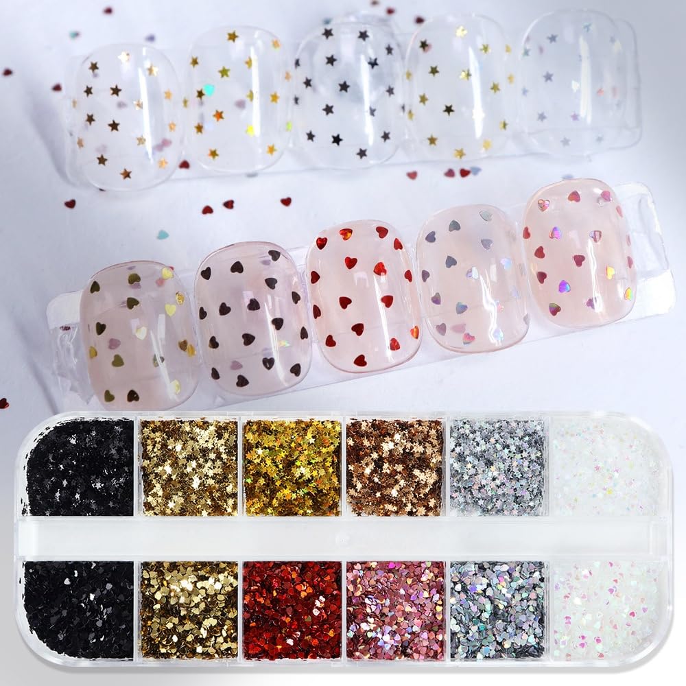 1 Box 12 Color Holographic Hearts Star Nail Glitter Tiny Heart Nail Sequins 3D Red Gold Nail Flakes Sparkly Powder Flakes Shiny Nail Glitter Valentine's Day Nail Sequins Glitter for Nails Art 12 Grids