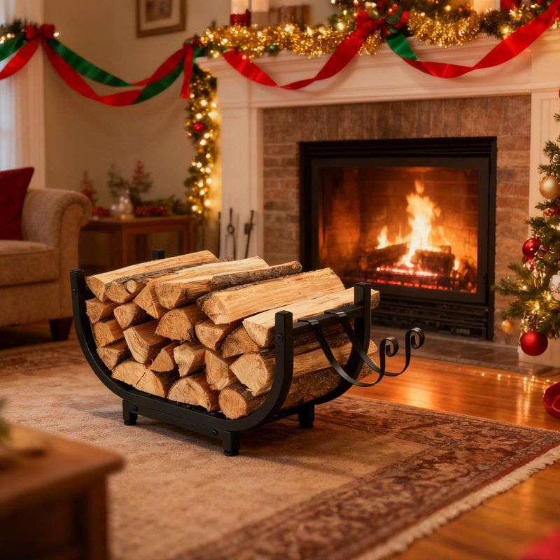 BeGyoku Firewood Rack Outdoor&Indoor,30'' Firewood Holder with Kindling Wood Hooks&Adjustable Feets,Heavy Duty Metal Log Rack,Black Curved Log Holder,Fire Wood Storage Organzier for Fireplace&Patio