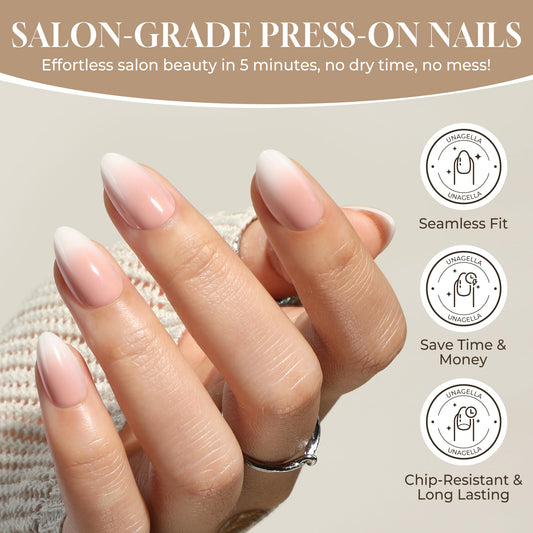 UNA GELLA Press On Nails Short Almond: Ombre Soft Gel Press Ons Kit with Nail Tips Glue on Nails, 16 Sizes - 32 Reusable Fake Nails, Pink Cream