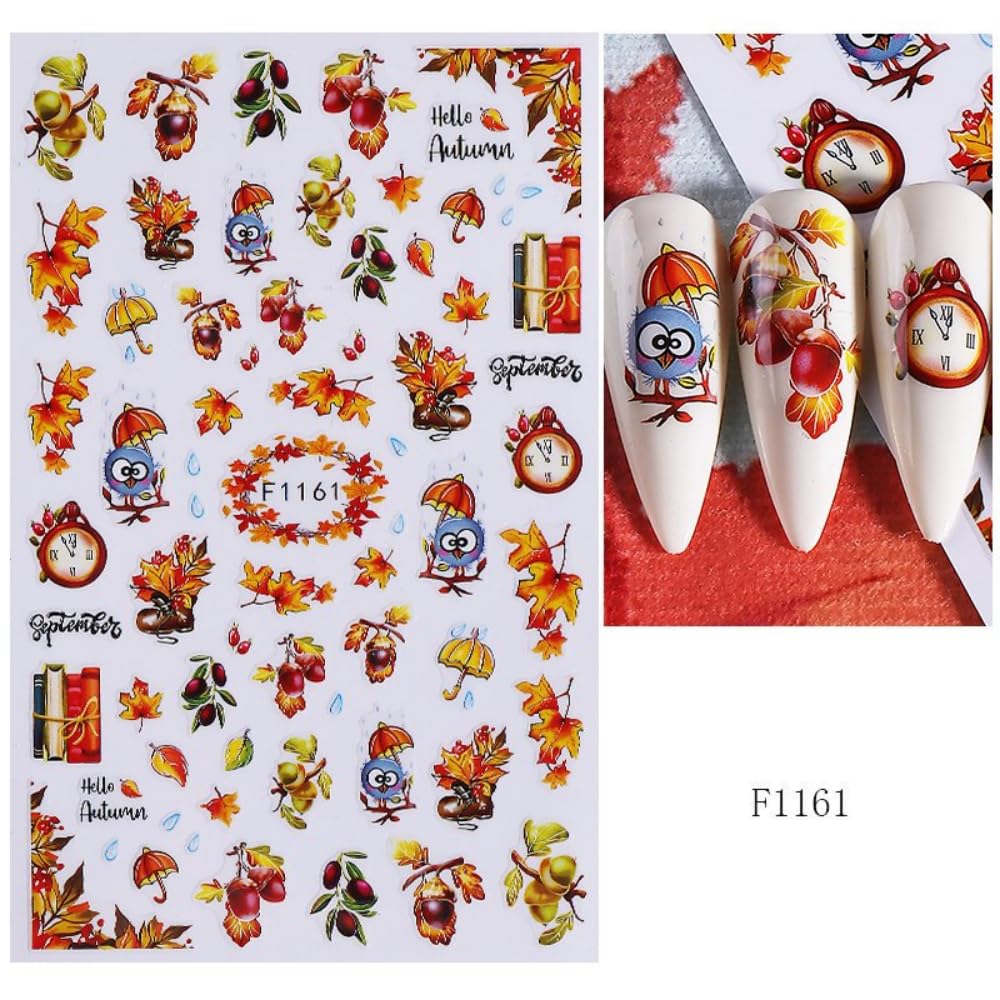 Fall Nail Stickers Mushroom Leaf Nail Art Stickers 3D Self Adhesive Maple Leaves Elk Nail Decals Autumn Thanksgiving Day Nail Art Supplies Orange Yellow Nail Design for Women 6 Sheets