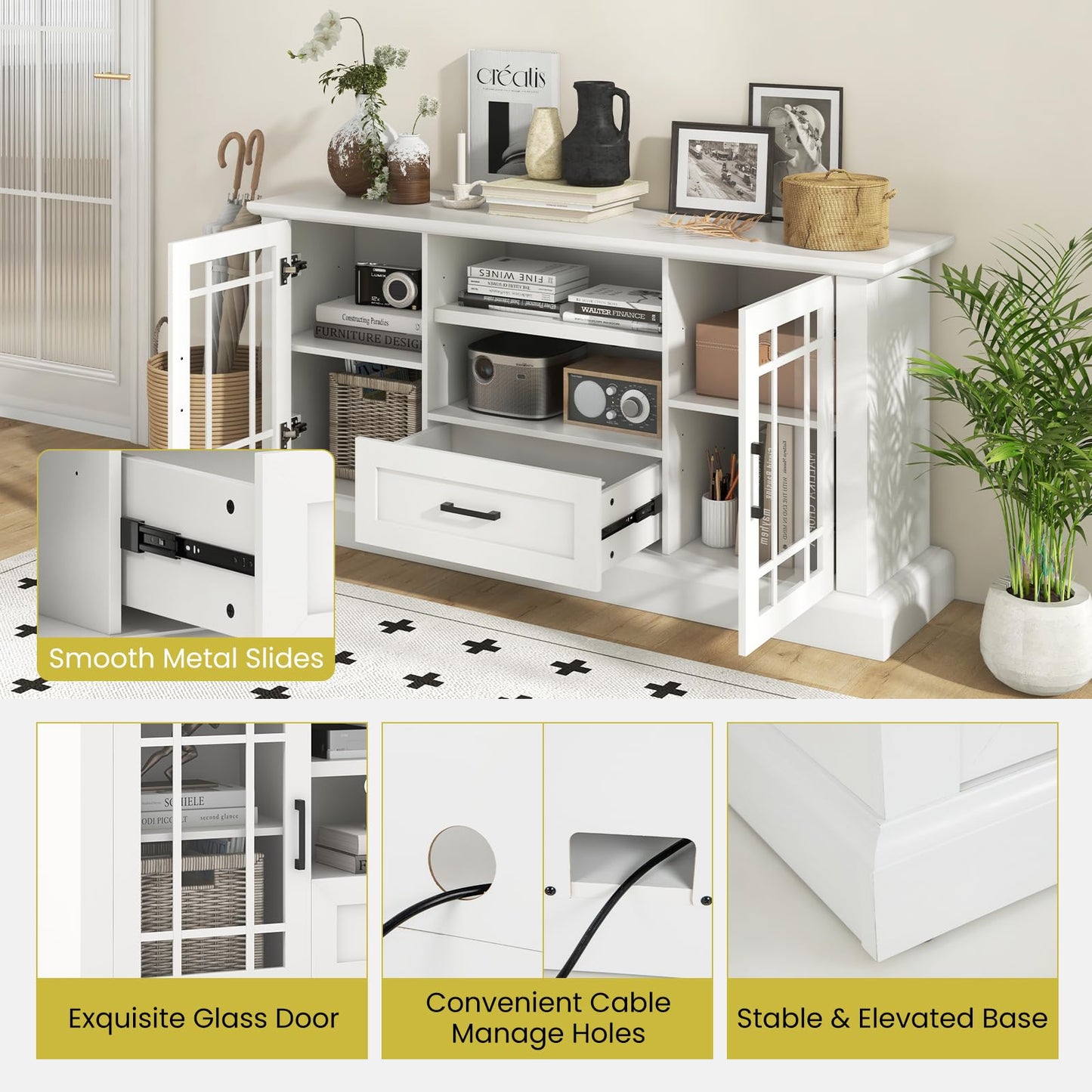 Tangkula Farmhouse TV Stand for TV up to 65 70 Inches, Tall Media Console Table with 2 Glass Storage Cabinets, 1 Drawer & 2 Open Shelves, Wooden Entertainment Center for Living Room (White)