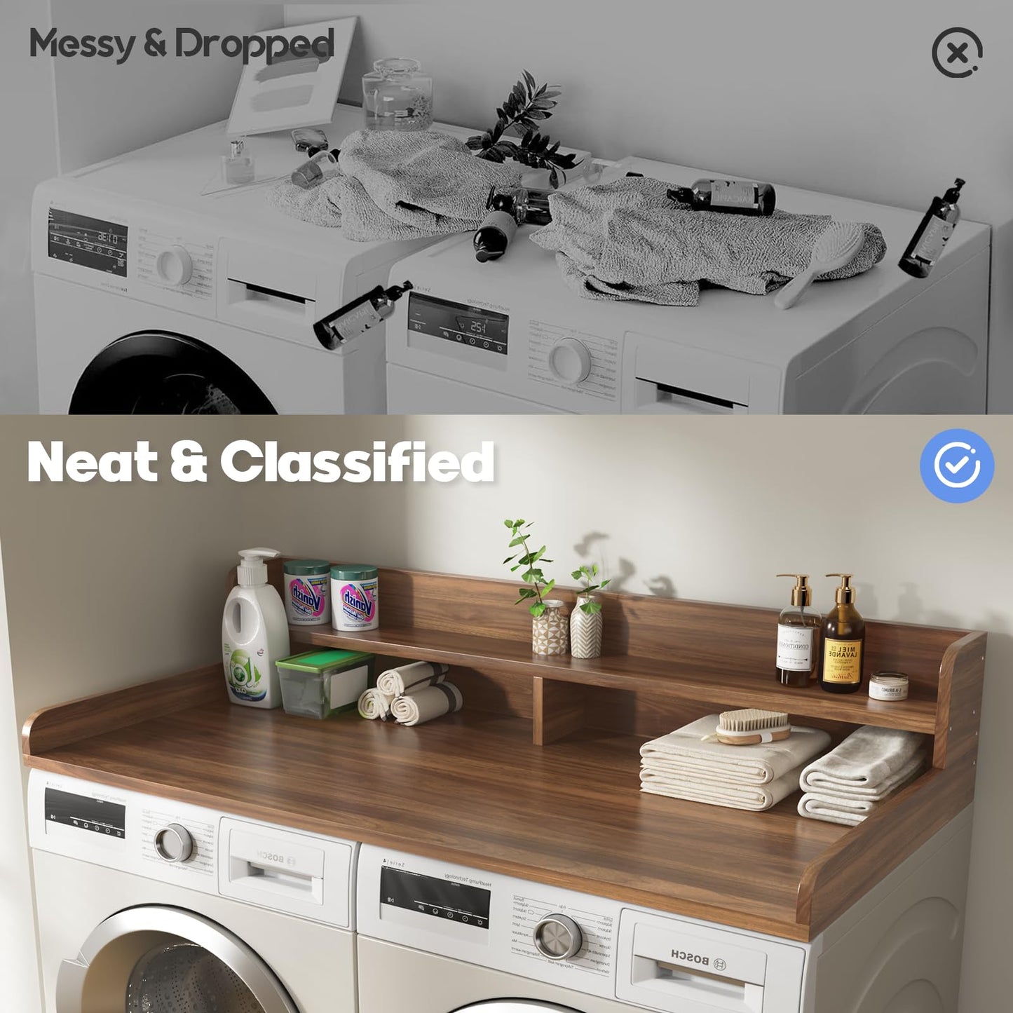 BigPonPon 2-Tier Washer and Dryer Countertop,2.75" H Guard,58" W x 28" D Laundry Countertop Cover with Non-Slip Pad,Large Space Laundry Topper for Folding Clothes Over Washer and Dryer-Dark Walnut