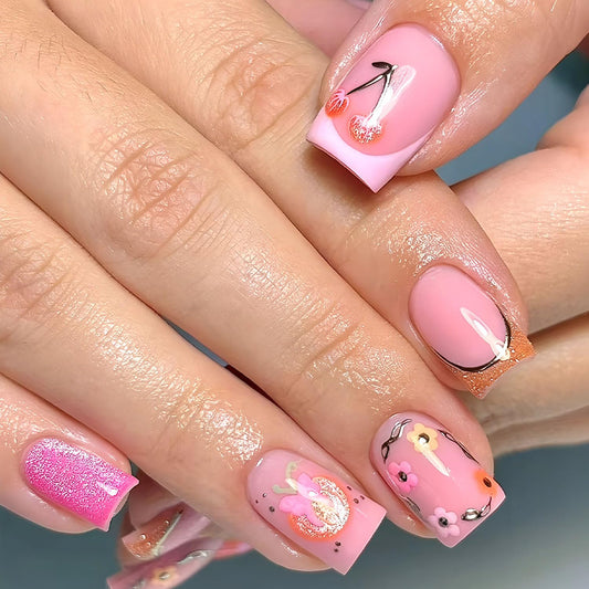 FIEONCIY Press on Nails Square Short Length Glossy Full Cover Acrylic Short Square Shaped False Nails with French Designs Artificial Fake Nails Glue Stick ons Fingernails for Women Girls(W2452)