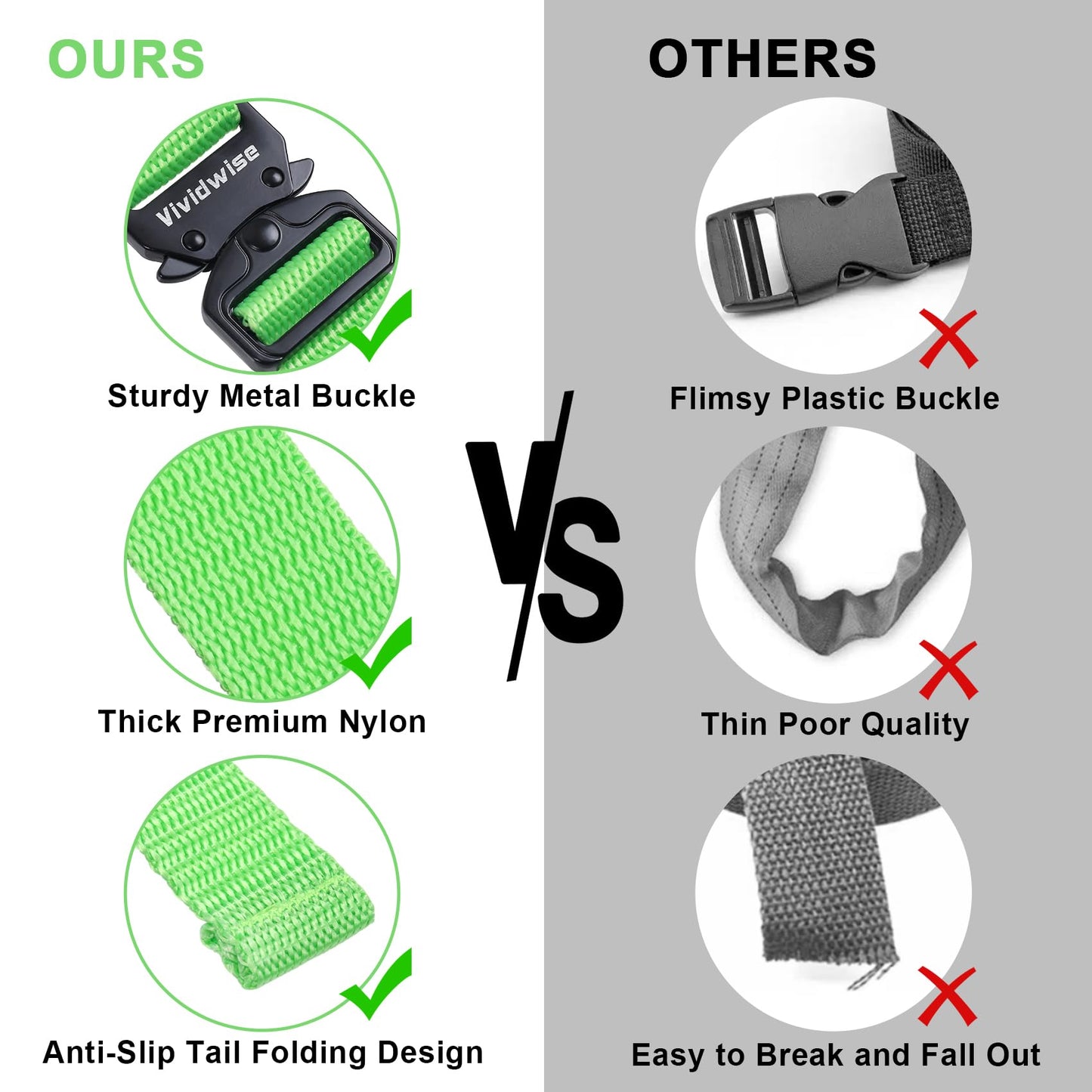 Vividwise Utility Straps with Metal Quick Release Buckle, Adjustable Nylon Belt Backpack Accessories Sleeping Bag Strap for Hiking, Travel, Outdoor Sports (Green-Metal Buckle, 1" W-48 L)"