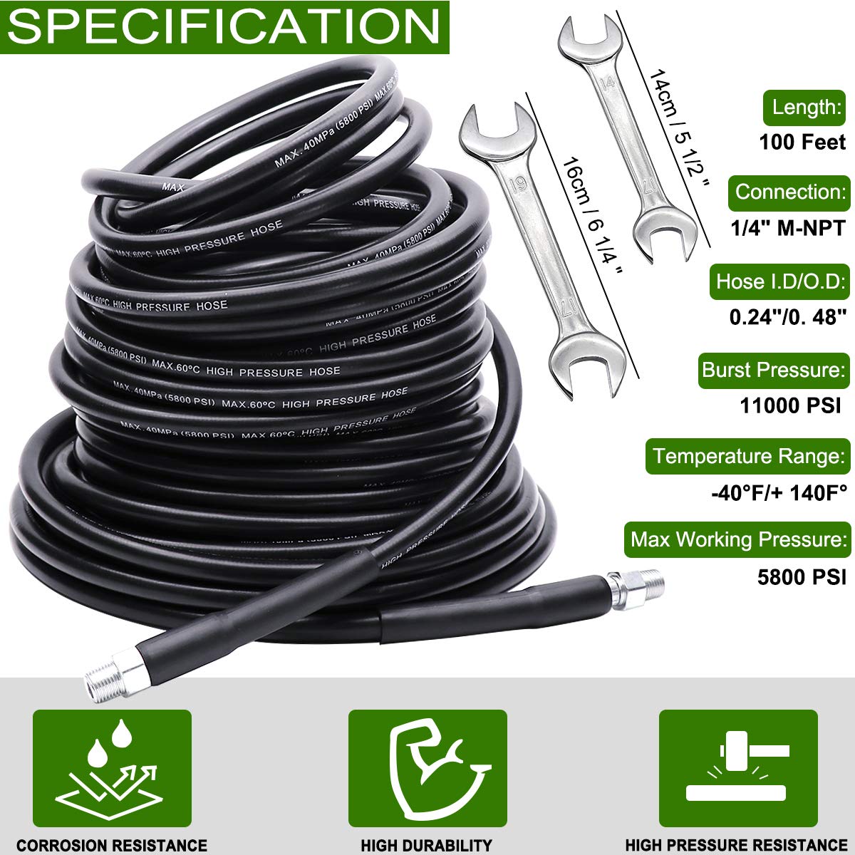 WEST BAY Sewer Jetter Kit 100 FT for Pressure Washer, 5800PSI Drain Cleaner Hose 1/4 Inch NPT Corner Rotating and Button Nose Sewer Jetting Nozzle Spanner Watertight Tape Pearl Corsage Pin