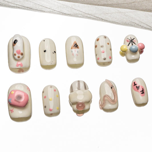 Sun&Beam Nails Handmade Press-on Short Squoval Round Pink White Blue Yellow Cartoon 3D cat Design Fashion False Nail Tips 10 Pcs Set (#185 S)