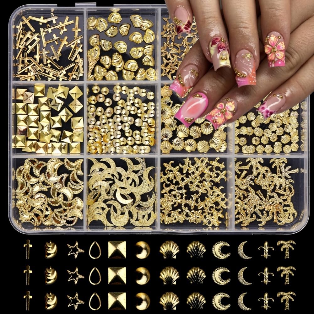 Gold Nail Charms 3D Alloy Flower Nail Gems Ocean Beach Starfish Conch Seashell Nail Jewels Multi-Shapes Metal Golden Moon Star Nail Art Supplies with Tweezer for Women DIY Acrylic Nail 12 Grids 1 Box