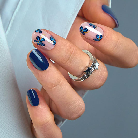 CurvLife Soft Gel Press On Nails Extra Short Square, Long-Lasting Reusable Oval Fake Nails Kit with Glue & Tabs, 30pcs Salon-Quality Stick On Nails for Women At-Home Manicure (Navy Petal)