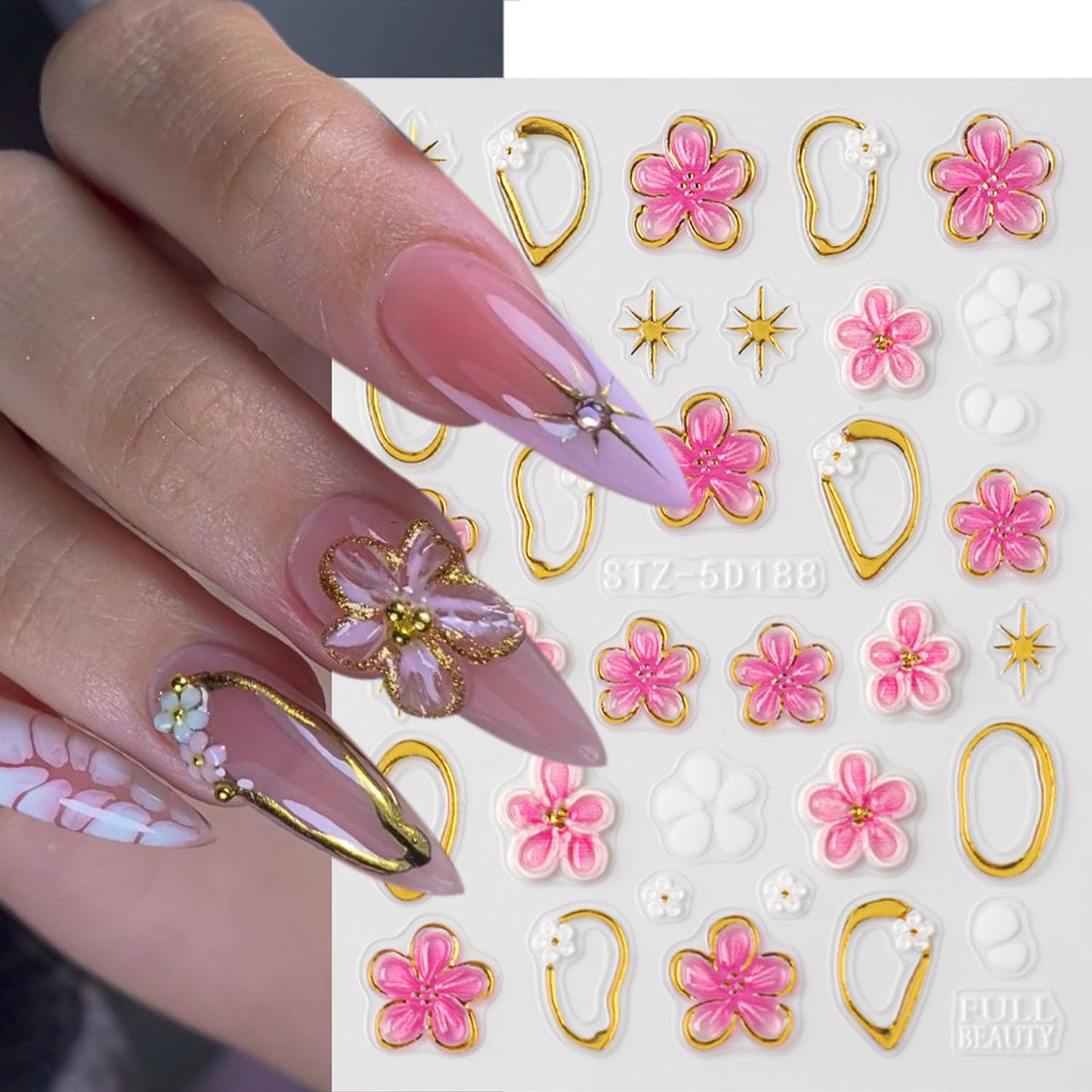5D Embossed Flower Nail Art Stickers, 5 Sheets Self-Adhesive 3D Floral Nail Decals with Floral, Starfish, Bow & Lemon Designs Cute Summer Nail Art Supplies Sticker for DIY Manicure Decoration