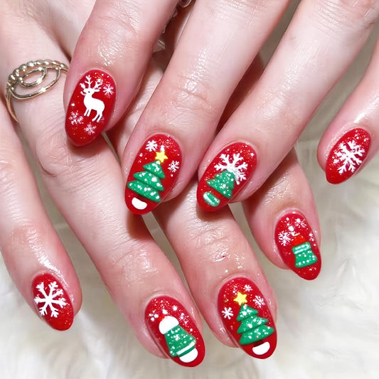 Christmas Press on Nails Xmas Stocking Gel Glue on Nail 24Pcs Snowflake Medium Almond False Nails Glossy Green Christmas Tree Acrylic Fake Nail Elk Stick on Fingernails for Women Xmas Gift
