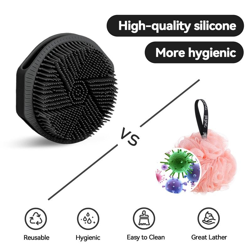 2-Pack Soft Silicone Dual-Sided Body Scrubber & Loofah | Gentle Exfoliating Shower Brush for Men & Women | Creates Rich Lather, Easy to Clean (Black & Pink)