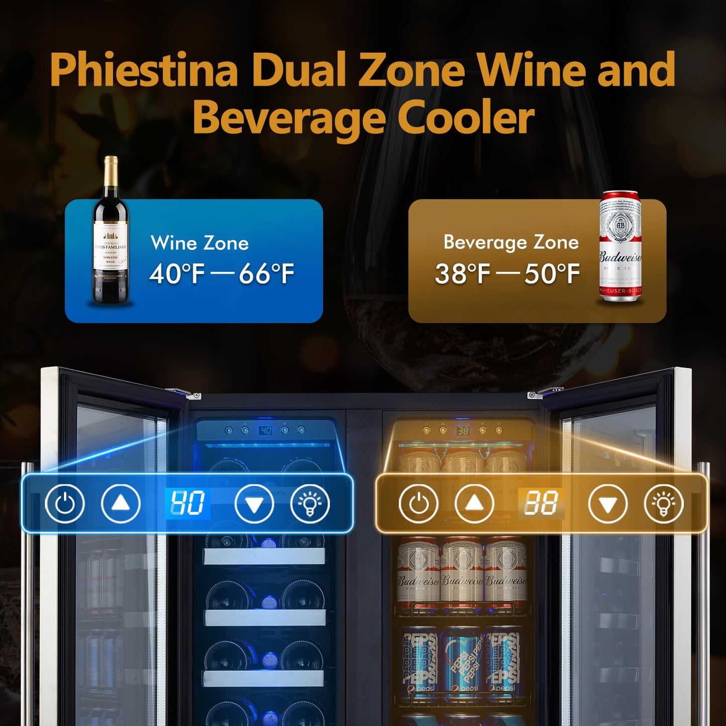Phiestina Wine and Beverage Refrigerator, 24’’ Wine Cooler- 20 Bottles&78 Cans, Built-in/Freestanding Dual Zone Wine Fridge with Glass Door, Removable Shelves for Home/Bar/Office