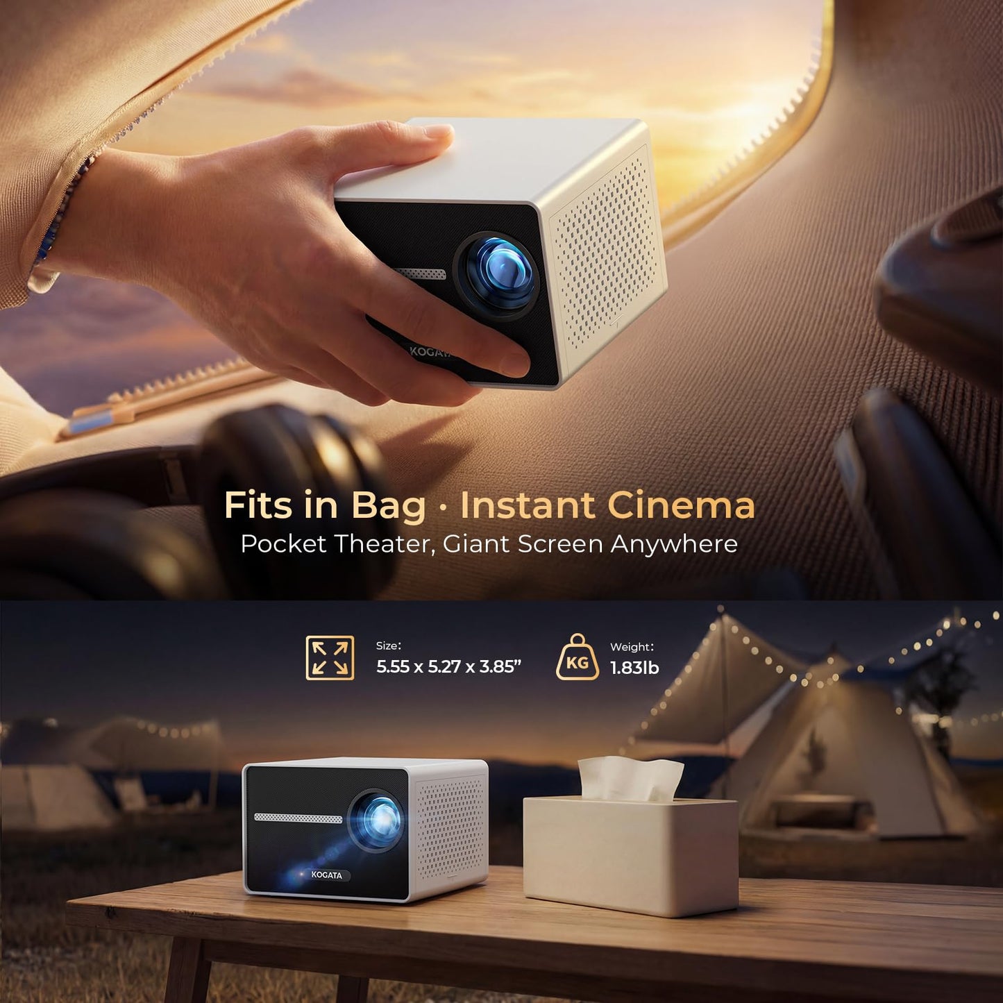 [850ANSI/Built in Apps] Portable Mini Projector with WiFi and Bluetooth, Kogata Outdoor Movie Proyector, Electric Focus/4P Keystone/HDR10, 1080P HD Projector for Bedroom Home Theater