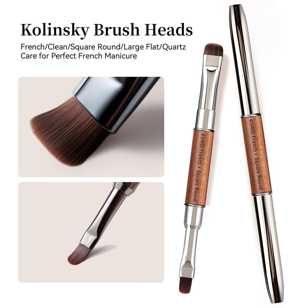 GSWOI Dual Head Acrylic Nail Brush-French Tip & Square Round with Cleaning Brush for Builder Gel,Polygel & Design-Wood Handle & Metal Caps