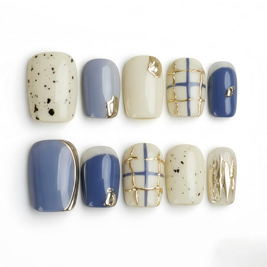 Fine Point Salon-Quality Handmade Baby Blue & Cream Checkered Short Squoval Press On Nails with Gold Foil, Grid & Speckled Design Reusable Chic Acrylic False Nails Durable (Size Medium)
