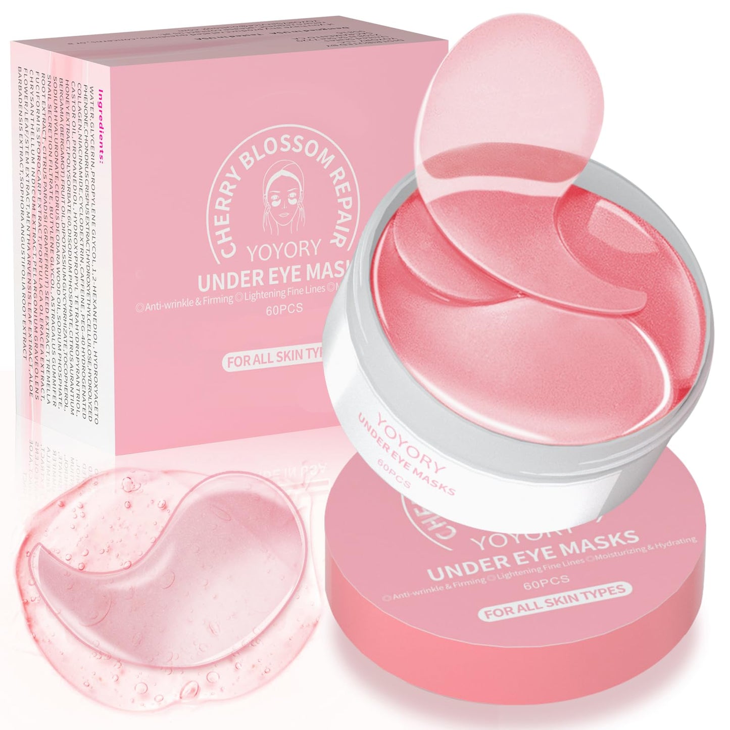YOYORY Under Eye Patches Masks - for Fine Lines with Collagen and Hyaluronic Acid, Dark Circles,Eye bags,and Fade Wrinkles, puffiness Smoothing Skin Care Treatment for Women and Men, (60 Pcs) Pink