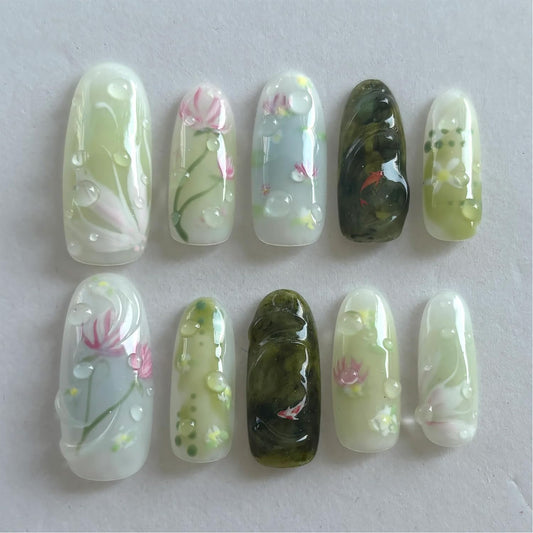 30Pcs Koi Press on Nails Medium Almond Green Fake Nails 3D Water Droplets with Pink White Flower Koi Fish Design Lucky Full Cover Glue on Nails Spring False Nails for Women Acrylic Manicure Salon Kits
