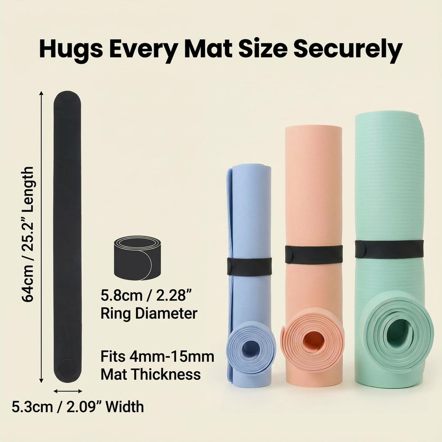 Yoga Mat Strap Slap Band- Extended Silicone Self-Rolling Mat Tie with Suction Cup Grip - Silent Snap Holder & Carrier for Thick Mats, Foam Rollers(25"L x 2""W) (Black)"