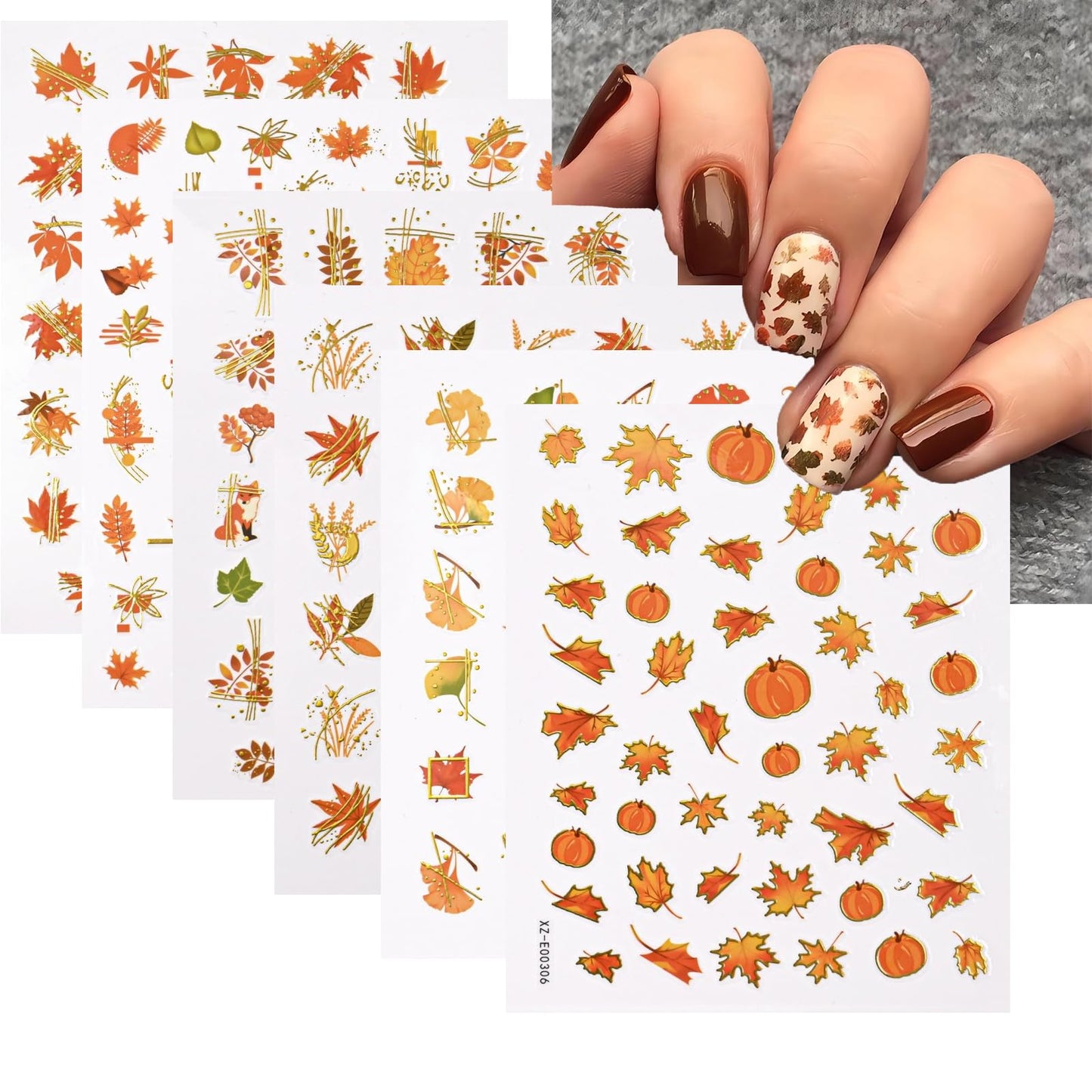 Fall Nail Stickers 3D Self Adhesive Maple Nail Art Stickers Pumpkin Nail Decals with Maple Leaf Fox Design Autumn Thanksgiving Day Nail Supplies for Women Girls Holiday Manicure DIY 6 Sheets